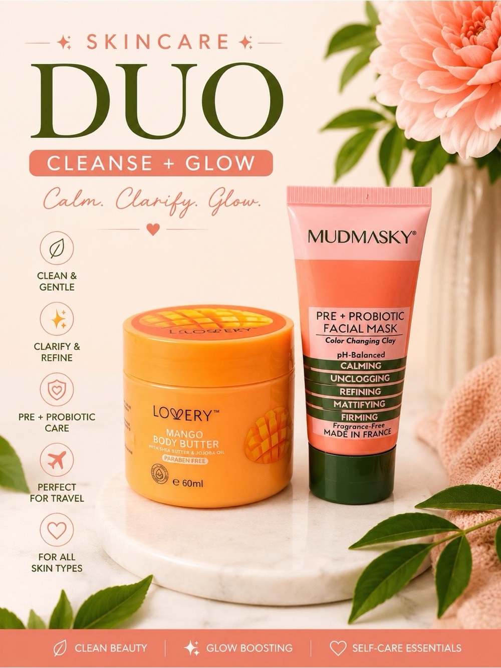Mudmasky Pre + Probiotic Facial Mask & Lovery Mango Body Butter Duo NIB